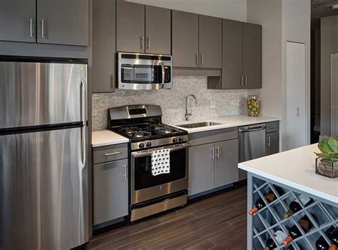 grey cabinets with stainless steel applicances|kitchen with gray cabinets.